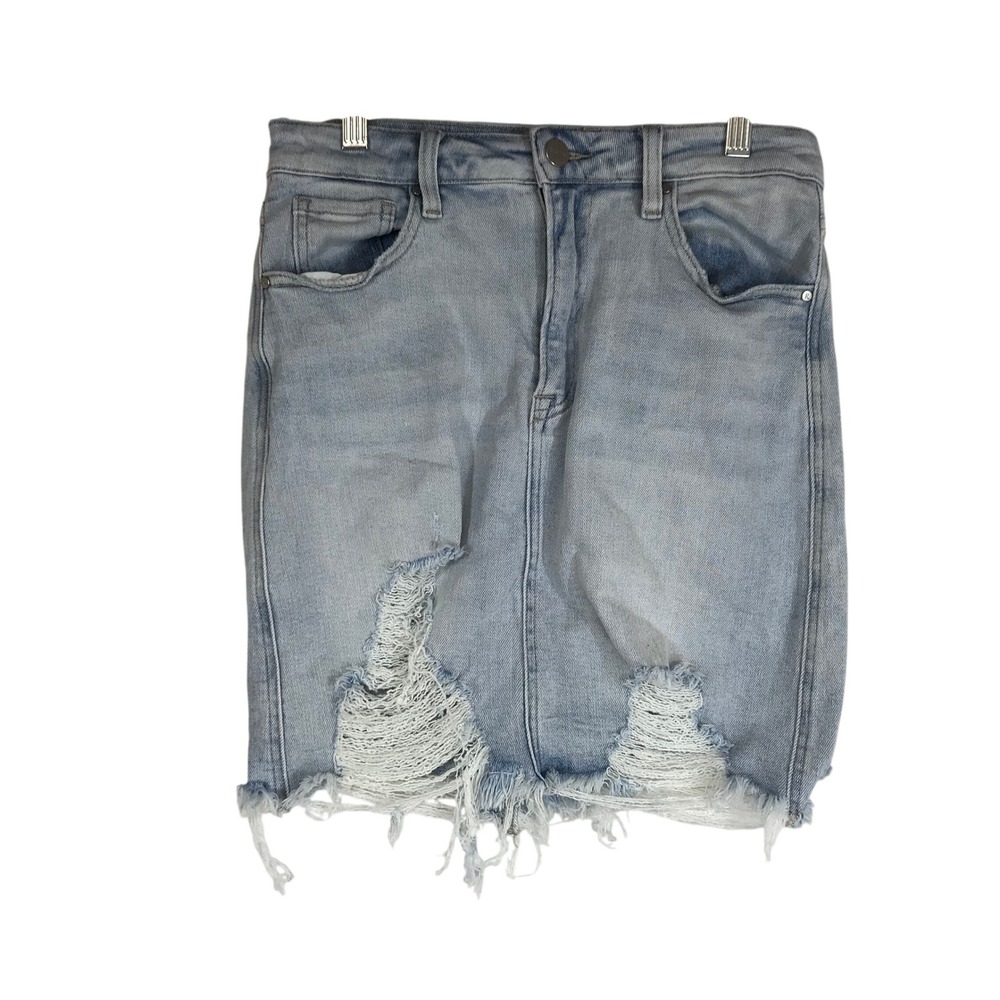 RISEN JEANS Distressed Denim Skirt Light Wash Frayed Hem Mini Size M‎